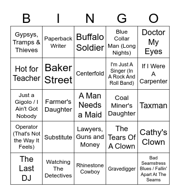 Songs With an Occupation Bingo Card