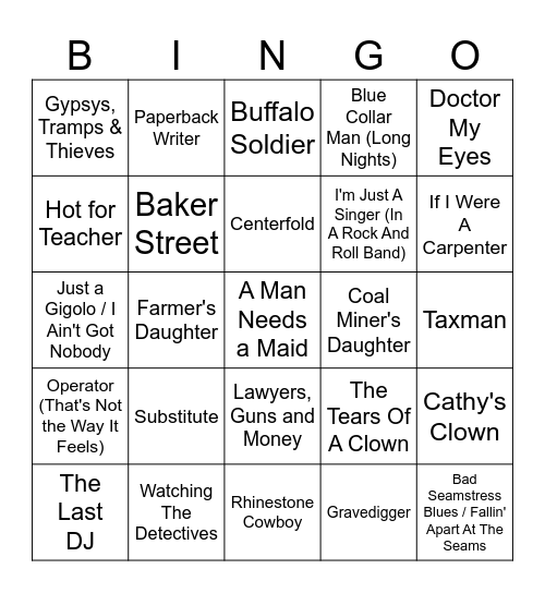 Songs With an Occupation Bingo Card