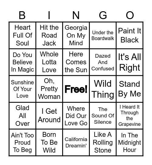 60's Music Bingo Card