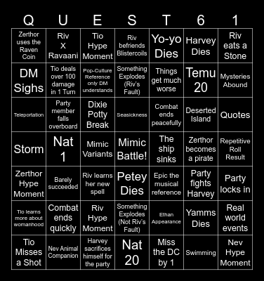 Questicles Session 61 Bingo Card