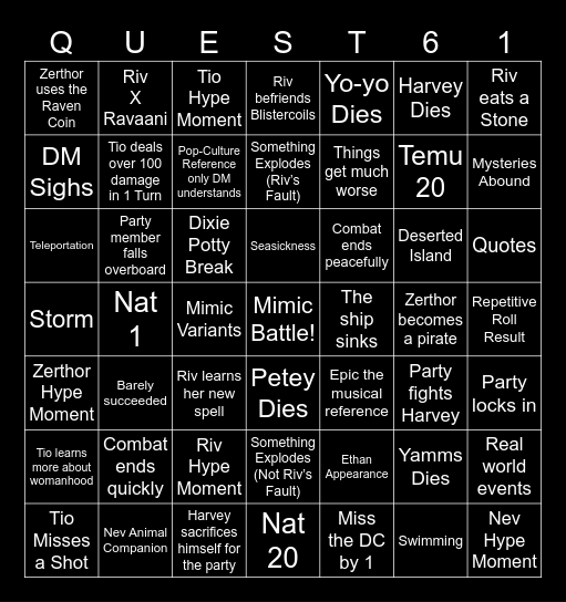 Questicles Session 61 Bingo Card