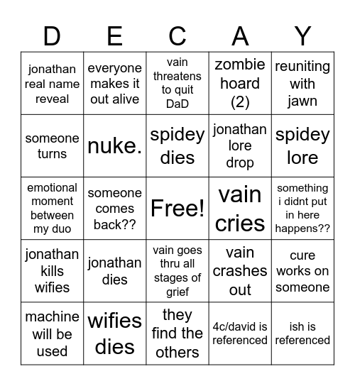 DaD. Bingo Card