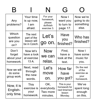 Runing the lesson Bingo Card