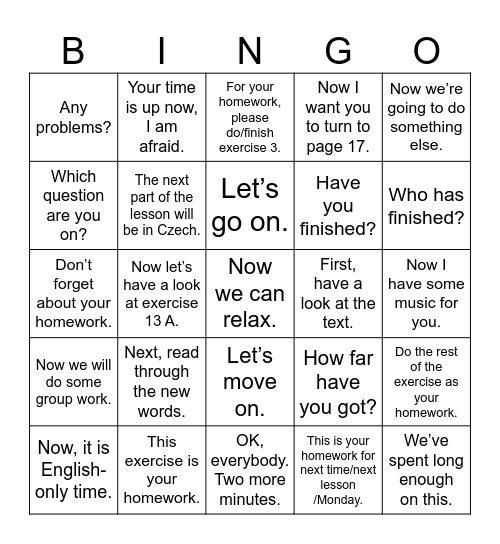 Runing the lesson Bingo Card