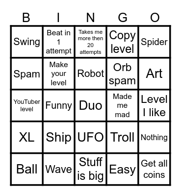 Geometry Dash Bingo Card