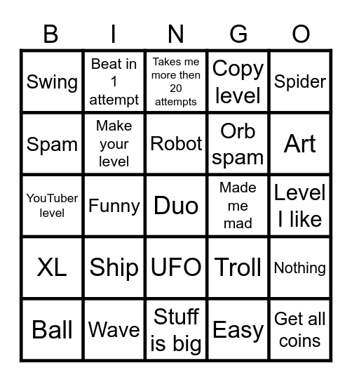 Geometry Dash Bingo Card