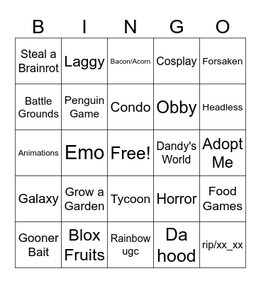 Roblox Moments Bingo Card