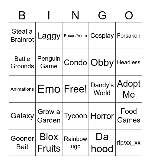 Roblox Moments Bingo Card