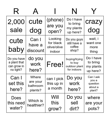 Rainy Day Bingo Card