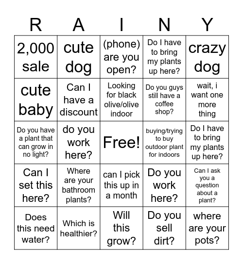 Rainy Day Bingo Card