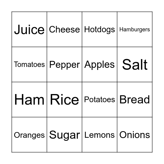 Food Bingo Card