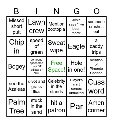 NOT the Masters Party Bingo Card