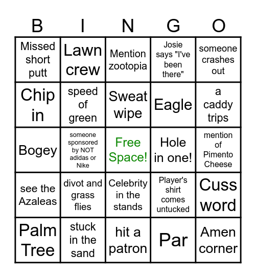 NOT the Masters Party Bingo Card