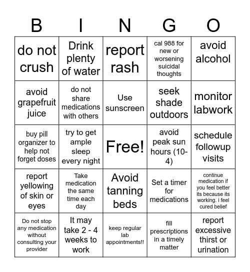 Medication Bingo Card
