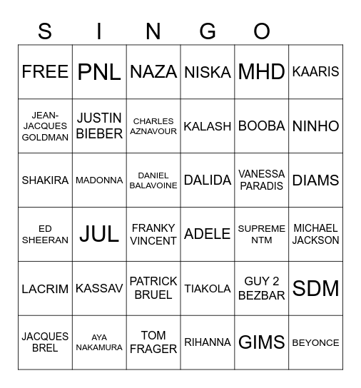 SINGO Bingo Card