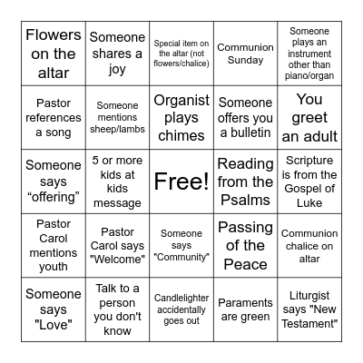 Worship Bingo Card