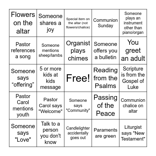 Worship Bingo Card