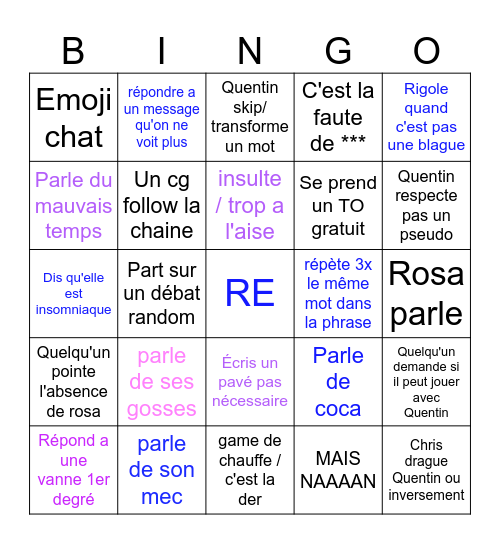 Bingo stream quentin (rose=mskara bleu=kluke violet=2) Bingo Card