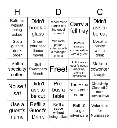 HDC Swampers Bingo Card