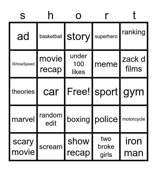 yt shorts Bingo Card