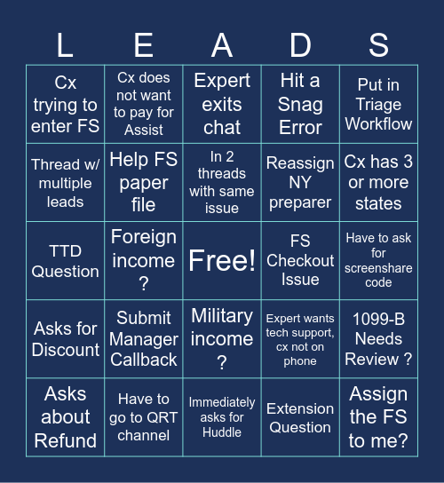 Leads Bingo Card