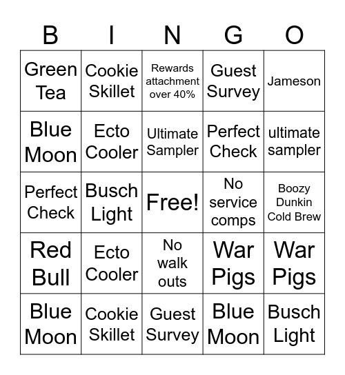 Buffalo Wild Wings Bingo Card