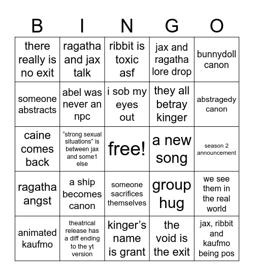 The Amazing Digital Circus Ep9 Bingo Card