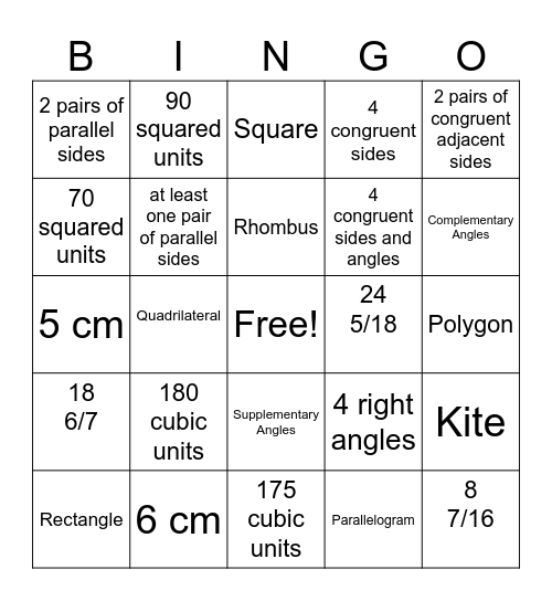 Quadrilateral Bingo Card