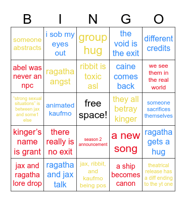 The Amazing Digital Circus Ep9 Bingo Card