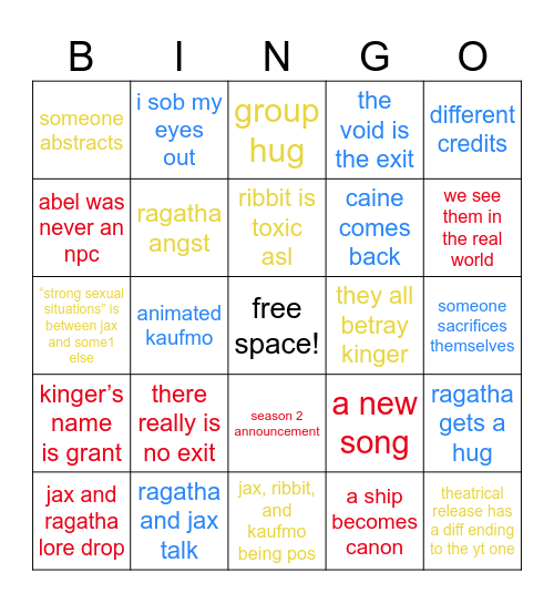 The Amazing Digital Circus Ep9 Bingo Card