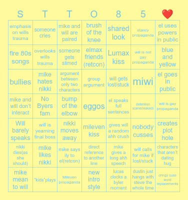 Stranger Things Tales of 85 Bingo Card