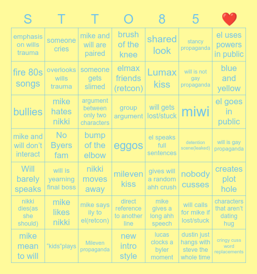 Stranger Things Tales of 85 Bingo Card