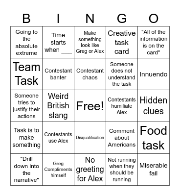 Taskmaster Bingo Card