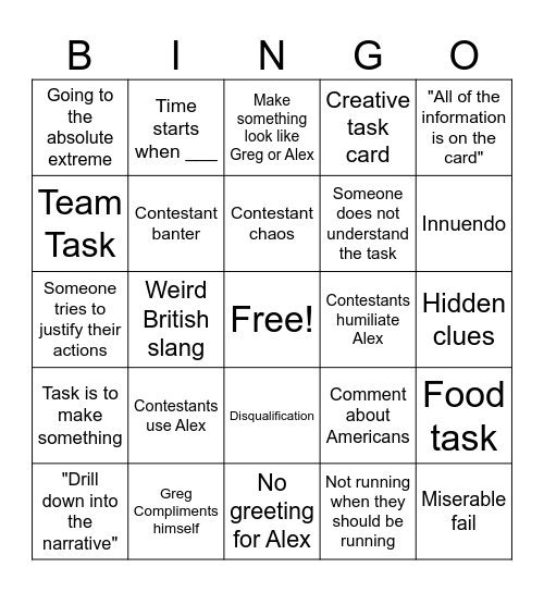 Taskmaster Bingo Card