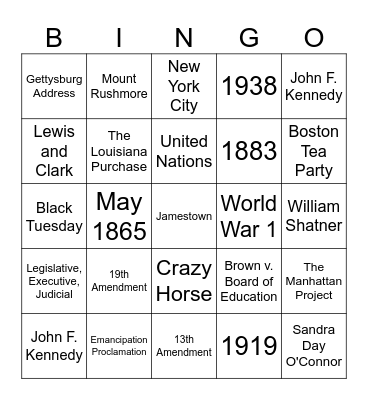 American History Trivia Bingo Card