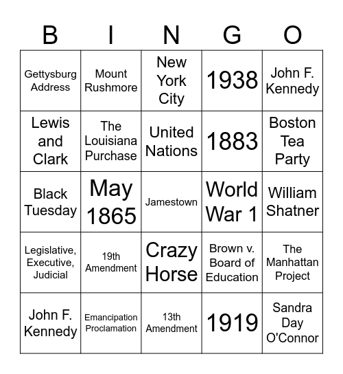 American History Trivia Bingo Card
