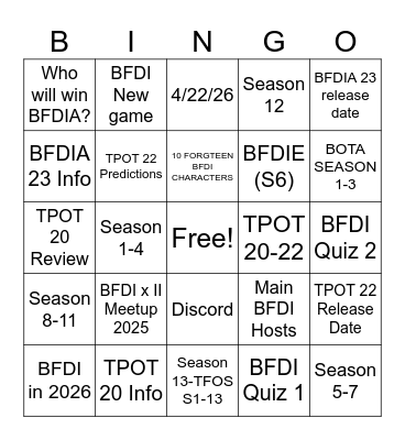 BFDI Predictions Bingo Card