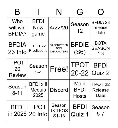 BFDI Predictions Bingo Card