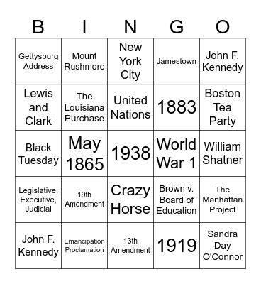 American History Trivia Bingo Card