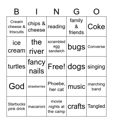 Bella Claire's Favorite Foods Bingo Card