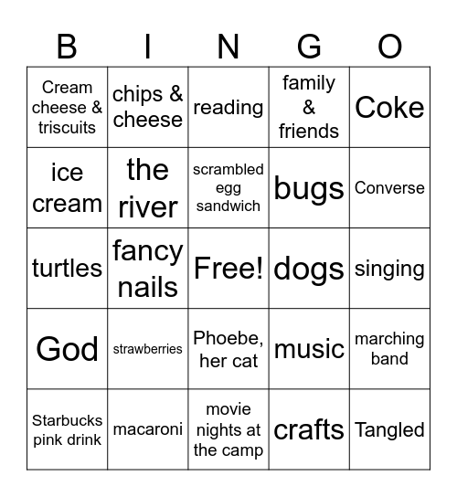 Bella Claire's Favorite Foods Bingo Card