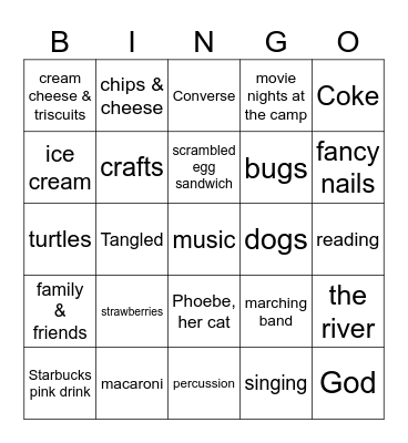 Bella Claire's Favorite Things Bingo Card