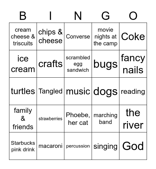 Bella Claire's Favorite Things Bingo Card