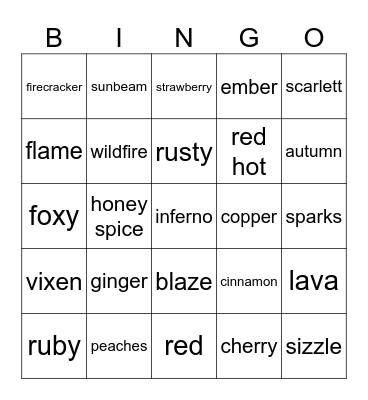 Nicknames for Red Heads Bingo Card