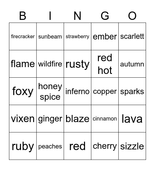 Nicknames for Red Heads Bingo Card