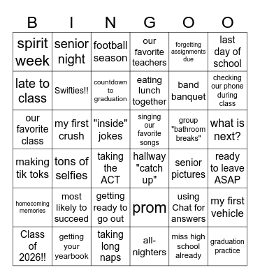 High School Memories Bingo Card