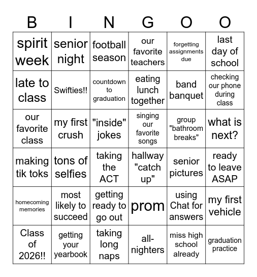 High School Memories Bingo Card