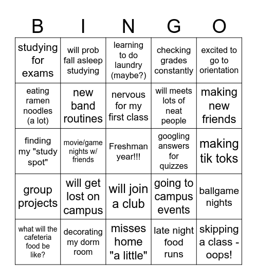 Thriving your Freshman year of College Bingo Card