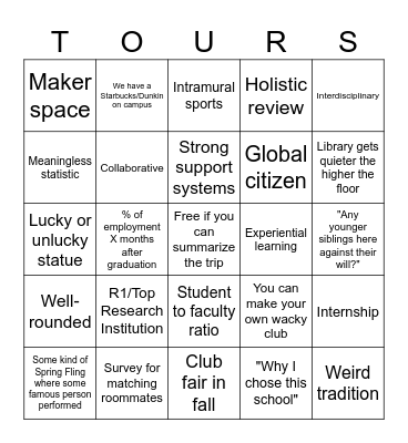 College Tour Bingo! Bingo Card