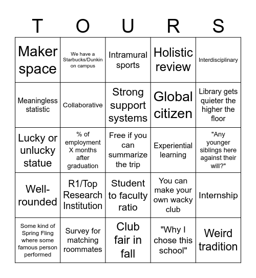 College Tour Bingo! Bingo Card